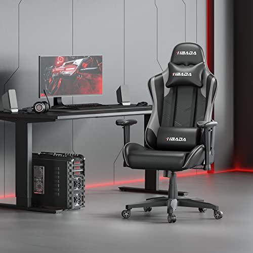 Hbada Chaise Gaming Inclinable, Fauteuil de Bureau Gamer Ergonomique, Siège de Jeu Pivotant en Similicuir avec Appui-tête et Oreiller Lombaire, Noir Gris (sans Repose-Pied)