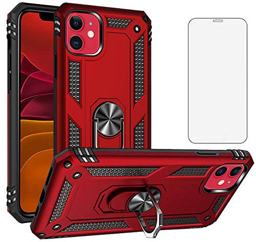 Asuwish Phone Case for iPhone 11 2019 6.1 inch with Tempered Glass Screen Protector Cover and Magnetic Stand Ring Holder Hard Shockproof Heavy Duty Accessories 1phone i phone11case XI 11R Cases Red