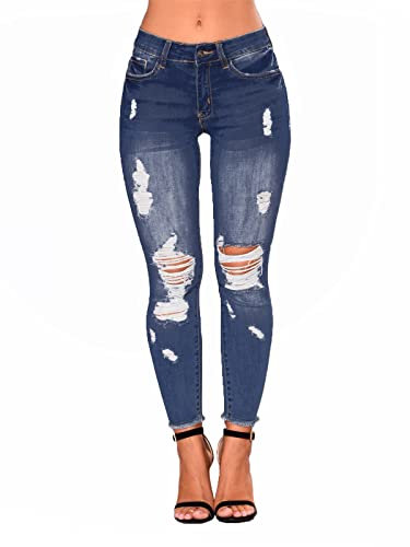 Uusollecy Jeans Donna Vita Media Elastici Jeans Strappati con Cerniera Jeans Skinny Donna Jeggings Donna Elasticizzati,Blu,XXL