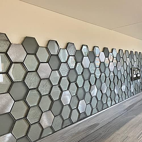 Italian Habitat Hexagon Silver Glass Mosaic Tiles Sheet for Walls Floors 27 x 30cm