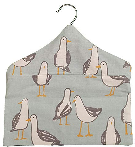 Kelway Crafts Handmade Funky Seagull Peg Bag for Washing line in Blue Fabric with Solid Wooden Hanger Seaside Seagull Design