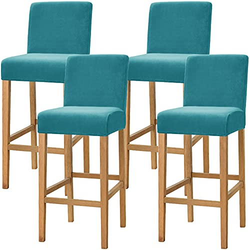 Dimatic Samt Plüsch Stuhl Abdeckung Theke Pub Bar Hocker Stuhl Slipcover für Esszimmer Cafe Barhocker Slipcover Möbelschutz Anti-Rutsch-Bezug mit elastischem Boden, 4er Set, Türkis