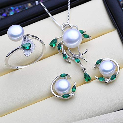 925 Sterling Silber Smaragd Perle Schmuck Sets Natürliche Ohrstecker Böhmische Anhänger Halskette Frauen Grüne Steine ring