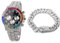 Halukakah Gold Uhr Diamanten Mehrfarbig, Herren Platinplattiert Weißgold 40MM Breite Schwarz Zifferblatt Quarz Armband 21cm mit Kubanischer Kette 20cm Bracelet,Kostenlose Geschenkbox