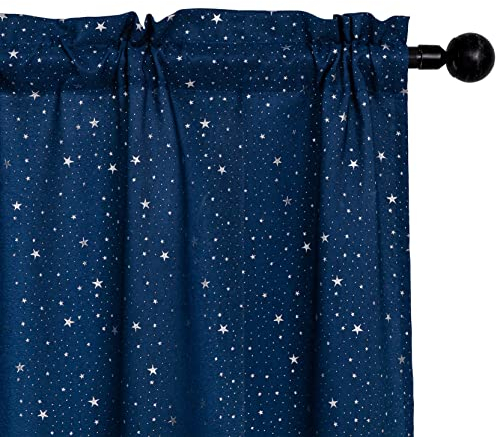 GIRASOLE HOME® Coppia Tende Semi Oscuranti Fantasia Stelline Argentate Tenda per Soggiorno Camera Cameretta Cucina e Interni 2 Pannelli con Tasca (Blu Navy, 70x148cm)