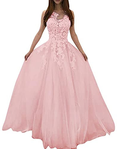 Huttam Robe Soiree Femme Longue Ceremonie Princesse Grande Taille Robe Femme Chic et Elegant Mariage Dentelle sans Manches Robe de Mariée Demoiselle d'honneur en Tulle Robe de Fete Bal (Rose, L)