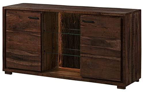 MASSIVMOEBEL24.DE | BARK by WOLFMÖBEL - Sideboard aus Massivholz #200 inkl. LED Beleuchtung | Akazienholz - Dunkelbraun, lackiert | 7 Fächer | 145 x 40 x 78 cm | echte Baumrinde