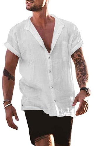 YAOBAOLE Mens Summer Linen Shirts Short Sleeve Casual Beach Grandad Men Shirts