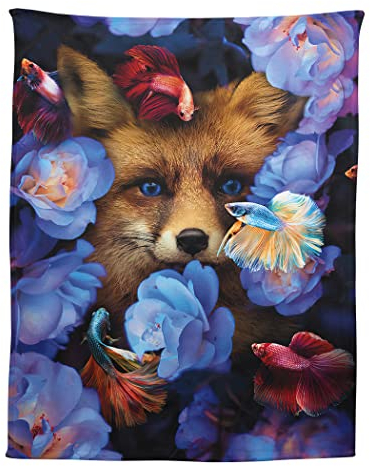 Zomer Kuscheldecke 150x200 cm Gemusterte Decke Weiche Warme Decke als Wohndecke Schlafdecke Tagesdecke oder Sofadecke mit Fuchs und Fisch