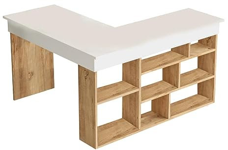 Vente-unique - Bureau d'angle avec rangements - Coloris : Blanc et Naturel - LILEUL