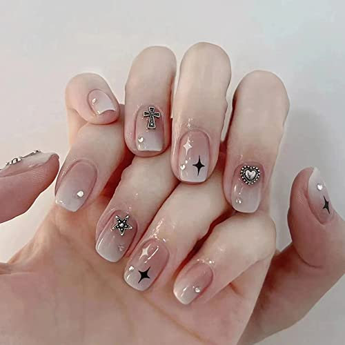 24PCS Short False Nails with Glue Stickers, Coffin Full Cover Acrylic and Press on Nails no Glue,Pink White Star French Fake Nails Stick for Women and Girls Nail Art