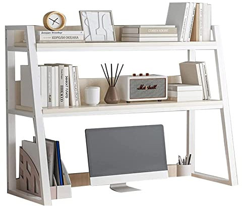 Wood Desktop Bookshelf - For Computer Desk - 2-Tier Hutch Bookcase Organizer - Countertop Storage Display Rack - Home and Office Furniture (45x13x35 inch)