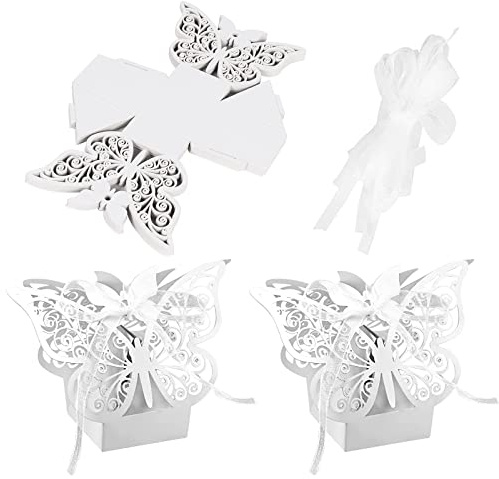 Klein Hochzeit Süßigkeiten Schachtel - 50 Stück, Geschenkbox mit Schleife für Hochzeit, Geburtstag und Party (Weiß)