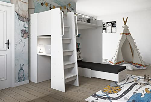 Marlux-Meble Hochbett JSM-7 90x200 TREPPE Links mit Schreibtisch Schränke und Ausklappbares Sofa 70x180 Hochglanz Funktionsbett Etagenbett Stockbett Kinderhochbett Jugendhochbett (Beige Glanz)