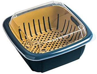 3 in 1 Siebe und Siebe, Schüssel Set, Küchensieb mit Deckel, Multifunktionale Doppellagige Korb Aufbewahrungsbehälter für Obst und Gemüse (Blau)