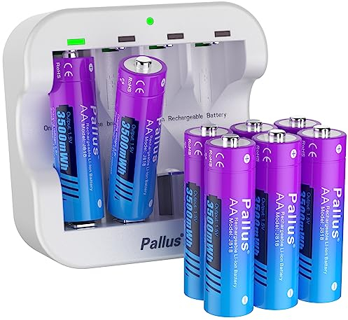 Pallus Wiederaufladbarer AA Lithium 1,5V Akku, 8 Stücke AA Lithium Akku mit 1,8H Ultra Typ-C Schnelles Ladegerät, 3500 mWh und 1600 Langer Zyklus, Konstanter Ausgang