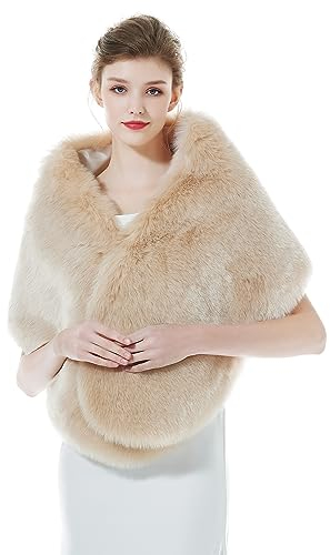 BEAUTELICATE Kunstpelz Stola Schal Damen Pelz Brautschal Brautstola Wrap Schwarz Elfenbein für Braut Winter Hochzeit Festival Weihnachten (Langes Fell - Rosa Champagner)