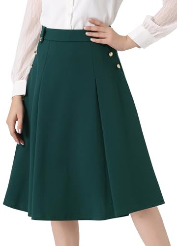 Allegra K Damen Hoher Taille Knöpfe Vintage Plissee Ausgestellt Midirock Rock Dunkelgrün XS