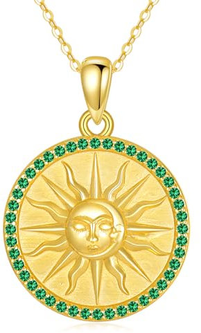 YAFEINI Sonne Münze Kette für Damen 925 Sterling Silber Geburtsstein Mai Gold Anhänger Halskette Sonne Schmuck Geschenk