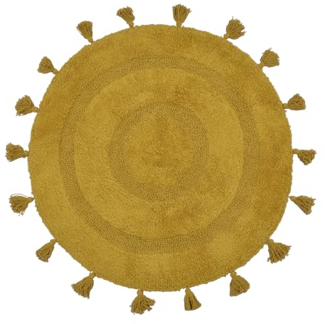 TOPSMCHER Runder Badteppich, 100 % Baumwolle, Boho-Badteppich, Bodenmatten mit handgebundenen Quasten, 70 x 70 cm, senffarbene Badematte, rutschfest, waschbar, Duschmatte, dekorativer Bodenteppich für