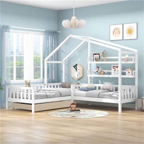 Kinderbett mit L-förmiger Struktur Hausbett mit Schubladen und Regalen 90x200 cm + 140x70 cm weiß Mit Fallschutz und Massivholz-Lattenrost für Zwei Kinder Jugendbett