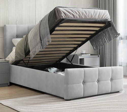 Upholstered Ottoman Bed Single Bed Frame UKFR Velvet Grey Ottoman Storage Bed with Gas Lift End Opening Wooden Slats with Storage Bed (3ft Single 90 x 190, No Mattress)