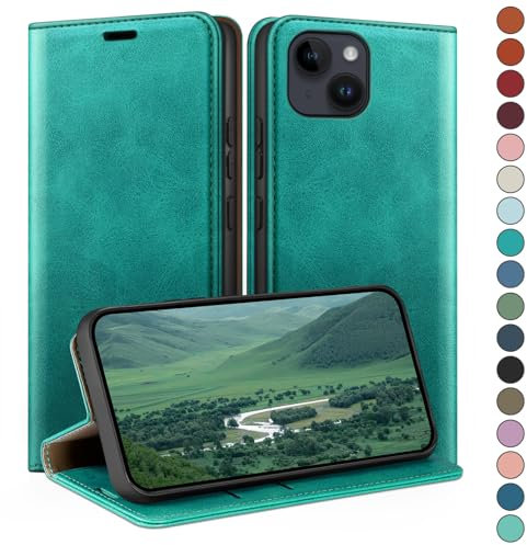 HUOUH for iPhone 13 5G 6,1 Wallet case with RFID Blocking PU Leather,Credit Card Holder,Flip Folio Book Phone cases Shockproof Cover Women Men for Apple 13 case Blue Green