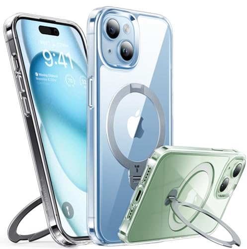 TORRAS Ostand Q3 Spin für iPhone 15 Hülle (360° Magnetischer Unsichtbarer Ständer) Zertifizierte Militärschutz, MagSafe Kompatibel, Stoßfest Diamant-Klar Anti-Vergilbung Transparent