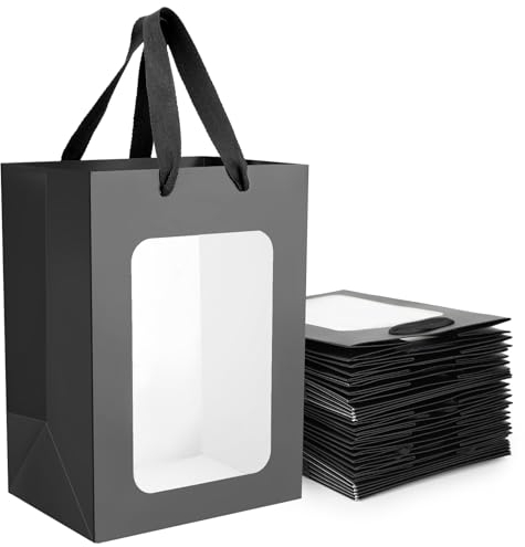 EUSOAR Nero Sacchetti Regalo - 20 Pezzi Sacchetti Carta con Manici - 230GSM Busta Regalo con Finestra - 20x16x30cm Sacchetti Carta Kraft - Nero Buste Carta con Manico Shopper Carta