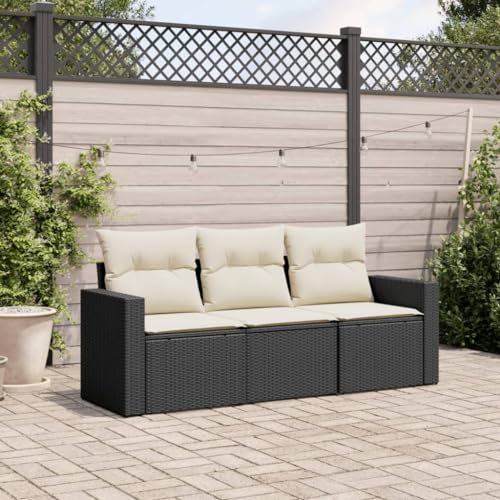 QJBSAVVA 3-TLG. Garten-Sofagarnitur, Gartenset Tisch Und Stühle Eckbankgruppe Lounge Sofa Tisch Balkon Geeignet für Garten Wenig Platz Balkon Außen mit Kissen Schwarz Poly Rattan