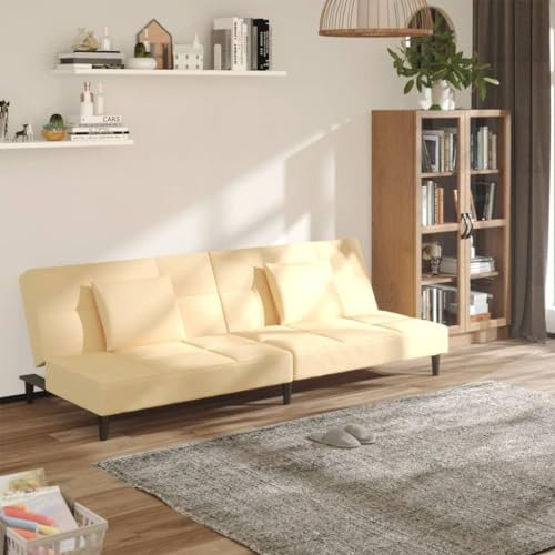 Homgoday Schlafsofa 2-Sitzer Klappsofa mit 2 Kissen Sofa mit Schlaffunktion Bettsofa Bettcouch Loungesofa Sofa Couch mit Verstellbarer Rückenlehne fürs Wohnzimmer Creme Samt