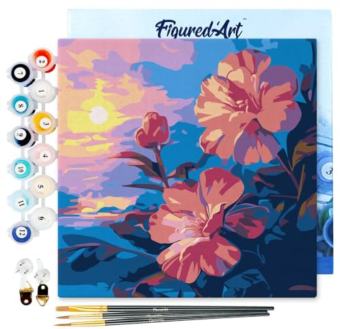 Figured'Art Mini Malen Nach Zahlen Erwachsene Mit Rahmen 20x20cm Kleines Format - Hibiskus bei Sonnenuntergang - Paint by Numbers Basteln DIY Bastelset Leinwand gespannt auf Holzrahmen