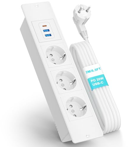 Toma empotrable, multitoma eléctrica de 3 tomas y USB C, toma empotrable para encimera, cocina, oficina, 3500 W/16 A, toma empotrada con cable de 1,8 m, color blanco