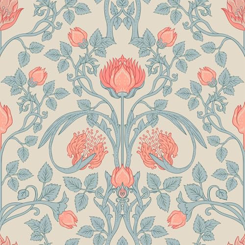 VEELIKE Retro Beige Floral Peel and Stick Wallpaper Vintage William Morris Blue Leaf Contact Paper for Furniture 44.5 cm x 300 cm Art Nouveau Wall Paper for Bedroom Bathroom Wall Mural Removable
