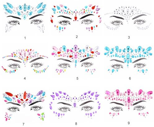 Brillantes para la Cara, 9 Piezas Pegatinas Cara Brillantes Festival, Glitter Bar, Pegatinas Brillantes Cara, Joyas de Diamantes de Imitación para Ojos Efecto Glitter Fiestas Espectáculos Maquillaje