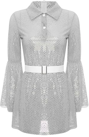 TiaoBug Damen Hippie Kostüm 70er Jahre Disco Outfits Langarm Pailletten Tanzkleider Hemdkleid Blusenkleid Tunika Glockenärmel Shirtkleid Silber XXL