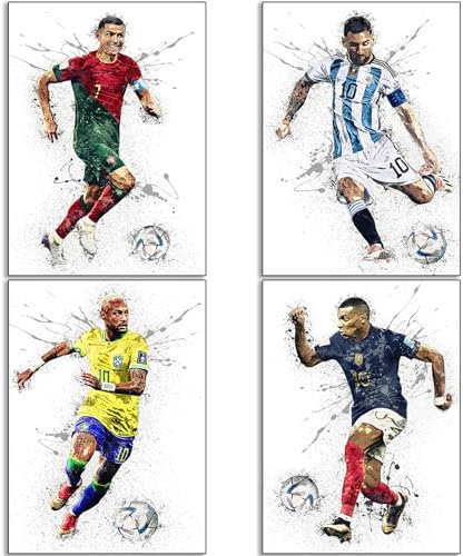 Mnyuein Messi, Ronaldo, Mbappe, Neymar Fußball Leinwand Poster Wandkunstdruck Geschenke für Jungen Wohnzimmer Schlafzimmer Dekoration Unframe: 08x12inch(20x30cm)-4pcs