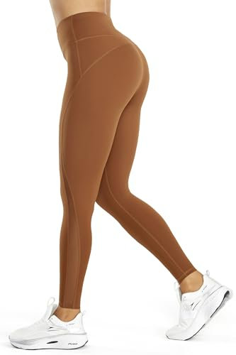Persit Sportleggins für Damen, High Waist Sport Leggings Yoga Leggins Sporthose Lauf-Hosen Lange Tights (M, Goldlackbraun, 71 cm)