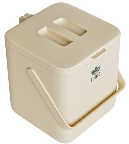 EcoBio Composteur Cuisine 7L – Poubelle Bio avec Couvercle, Poignée & Filtre – Seau à Compost avec Contrôle des Odeurs – Égouttoir Amovible – Passe au Lave-Vaisselle – sans BPA (Beige)