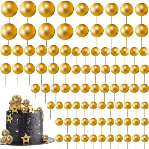 108 Stück Tortendeko Kugeln Cake Topper Kuchendeko Set, Kuchen Dekoration Kugel, 5 Größen Mini-Ballons Tortenaufleger für Hochzeit Party Babyparty Geburtstag Torte Dekorieren(Gold)