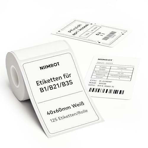 NIIMBOT Etiketten Selbstklebender Etikettenband für B1 / B21 / B3S Etikettendrucker, 40 x 60mm 125 Etiketten/Rolle, 1 Rolle Thermo-Etikettenband für Supermärkte, Einzelhandel, Büro, Weiß