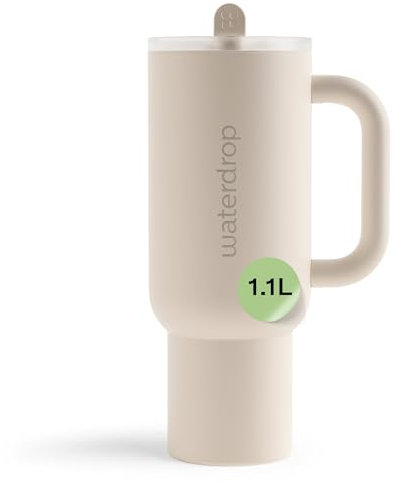 waterdrop® Thermobecher mit Strohhalm 1,1L – Auslaufsichere, robuste Trinkflasche mit aufklappbarem Trinkhalm, Hält 12h kalt, Trinkbecher mit Deckel, isolierte Edelstahlflasche