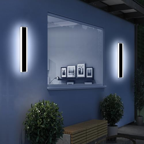 Mikeru Outdoor Lights Mains Powered 2 Pack, 30cm Cool White Exterior LED Black Wall Lights Waterproof Strip Light 6000K Outside Garden Wall Light 12W for Fence, Porches