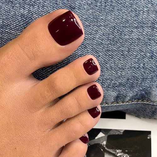 SXVME Burgundy Red Press on Toes Nails Short Square, Solid Color Fake Toe Nails Glue on, Toe Press on Nails for Women, Glossy Gel ToeNails Acrylic for Decoration 24 Pcs
