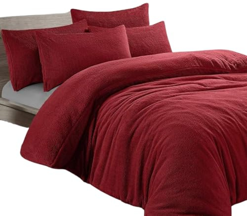 Dolce Vari Teddy Bear Fleece Bedding Set Soft Warm & Cosy Luxury Duvet Cover Set with Pillowcases Quilt Cover Sets Reversible Duvet Sets (Red, King Duvet Set)