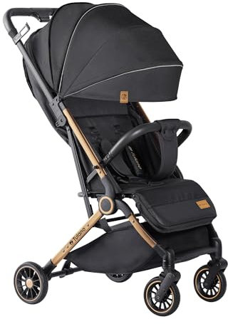 Tulano Milan 35 | Leichter und kompakter Buggy | Kinderwagen mit Liegefunktion | Verstellbare Rückenlehne | XXL-Sonnenverdeck | 5-Punkt-Gurt | Inklusive Moskitonetz und Beindecke | Schwarz Gold
