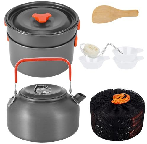 Camping Cooker Pan Set, Camping Cooking Set Portable Camping Pot and Pan Set with Foldable Cutlery, Easy to Clean, 1-2 People Cookware for Picnic Trekking and Hiking (Orange)