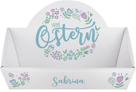 Herz & Heim® Personalisierter Geschenkkorb zu Ostern – Osterkörbchen mit Wunschname – Individuelle Oster Geschenkverpackung für Kinder & Erwachsene – Dekoratives Osternest aus Papier mit Blumen