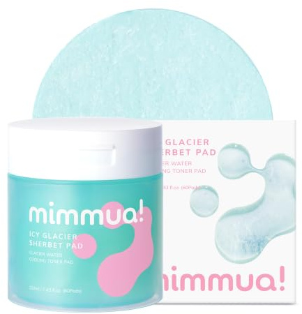 mimmua! Icy Sherbet Cooling Toner Pads | Glacial Water & Caffeine | De-Puff | Cooling pads with 30% Glacial Water, Caffeine & Peppermint. Helps hydrate, soothe & reduce the look of puffiness.