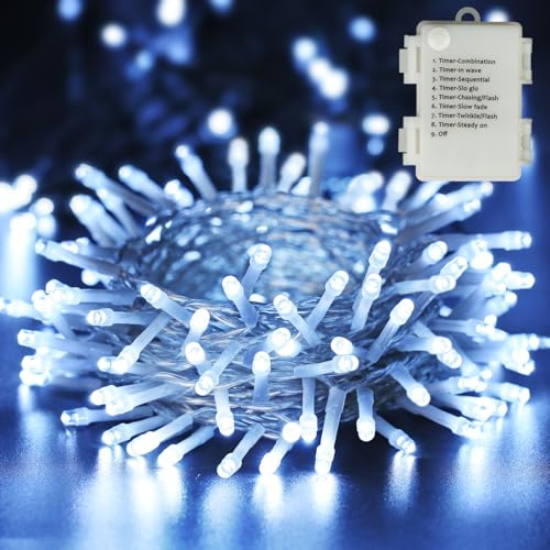 PhilzOps Guirlande Lumineuse de Noël à Piles, 10M 100 LED Guirlande Lumières Exterieur Etanche 8 Modes Lumières de Intérieur Décoration pour Jardin Maison Fête Sapin, Câble Transparent, Blanc Froid